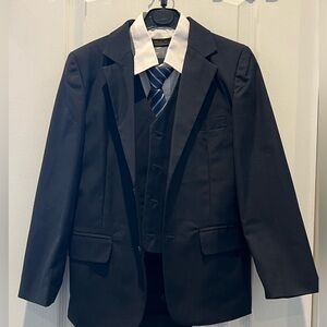 Fancy Kids -Dark Navy Three-Piece Suit with Blue Striped Tie and White Shirt.